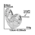Detailed view of silver heart stud earrings with dimensions 0.8cm by 1.0cm and weight 0.6g - Quilted Heart (D57-S)