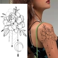 Sketch floral tattoo sticker with black rose and moon geometry on arm skin - Pattern BK-038