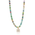 Collier de perles en pierre naturelle avec pendentif mauvais œil et cadre carré doré - Style 3 (Perles Multicolores Œil Maléfique)