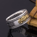 Vintage silver Pixiu ring with gold accent and Buddhist Mantra scriptures engraving - Adjustable Open / Two-tone Gold & Silver