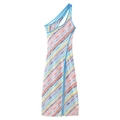 Sexy one-shoulder long dress with colorful zigzag print and high side slit detail - S / Multi-Color Geometric Stripe