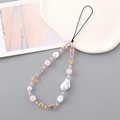 Pink and white heart-shaped beaded phone charm with faux pearls and quartz stones - Crystal Cube Seed Bead Phone Chain Pink (K3258)