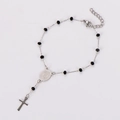 Silver stainless steel bracelet with black beads, religious medal, and cross charm - Black