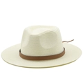 Dettaglio della trama in paglia intrecciata e cinturino in pelle marrone sul cappello panama - M(56-58cm) / crema