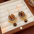 Détails de boucles d'oreilles vintage avec œil de tigre et zircon dans une boîte - Style Crochet d'Oreille - Gland Brun (14#) / Or & Café & Champagne