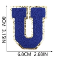 Blue chenille towel letter U patch with gold glitter edge, 8cm height measurement - Letter U