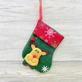 Mini green reindeer Christmas stocking ornament with snowflake patterns and red ribbon hanging - Snowflake Small Stocking (Reindeer Style)