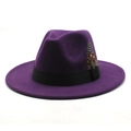 Close-up of a purple fedora hat with black grosgrain ribbon and feather detailing - M (56-58cm) / Purple