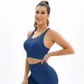Donkerblauwe naadloze yogaset met sportbeha en legging met hoge taille voor dames - S / Marineblauw