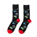 Detailaufnahme der schwarzen Socken mit roten Akzenten und Nautik-Fischmuster - Einheitsgröße / Maritimes Angeln Thema (A115)