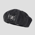 Deep gray washed denim beret featuring a vintage butterfly embroidery and frayed patch - M (56-58cm) / Black