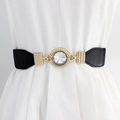 Elastic black waist belt for women with a gold rhinestone buckle on white dress - Black