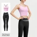Damen Fitness-Set mit rosa Oberteil und schwarzer High-Waist Yogahose mit Kreuztaille - S / Oberteil Und Unterteil / Rosadiamant + Sternenschwarz