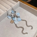Elegant silver tassel earrings with light blue resin petals and snake chain fringe - Silver-Light Blue Petal-Tassel Hook