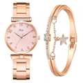 Detail of rose gold Tadi watch with star bracelet set featuring white stones - Watch + Bracelet Set / Pink