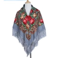 Ethnic gray floral shawl with large red roses and elegant long fringe on a mannequin - Gray