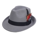 Detail view of grey felt fedora with black grosgrain ribbon and colorful feather accent - One Size M / Gray