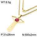 Gold angel wing cross necklace with a red stone and white crystals on a gold chain - Angel Wings Red Gemstone Cross (KN295068-Z)