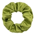 Close-up of grass green satin scrunchie showing glossy silk texture and pleated design - Matcha Green