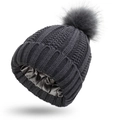 Detail of soft dark grey knit beanie featuring a smooth satin lining for hair protection - Dark Gray