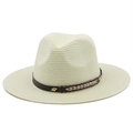 Close-up of fedora straw hat with dark brown leather band and gold metal buckle - M / Creamy White