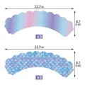 Mermaid birthday cupcake wrappers in gradient and fish scale designs with size dimensions - Cake Border