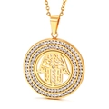 Golden Hamsa pendant necklace with double rows of sparkling crystals on a fine chain link - Gold Hamsa Hand Hollow Rhinestone Pendant (KP44920-K)