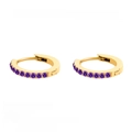 Gold stainless steel hoop earrings set with small round purple cubic zirconia stones - June Purple - Gold