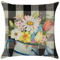 Linen pillowcase with blue watering can and spring floral bouquet over buffalo plaid - 18x18 Inch / Blue Watering Can Buffalo Plaid (LYD442-3)