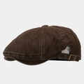 Detail of vintage dark brown flat cap with washed texture and metal side buckle - Adjustable / Coffee