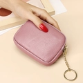 Pink lychee grain leather mini coin purse with gold zipper and keychain for women - Pink