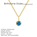 14K gold stainless steel necklace with round aquamarine blue birthstone pendant - December Lake Blue - Gold