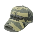 Detail of distressed camouflage baseball cap featuring Under Beauty script embroidery - Yellow Green Camouflage-Under Beauty(D)