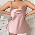 Pink satin camisole pajama top with cowl neck and thin straps in plus size fit - Pink