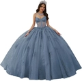 Elegante stoffig blauwe galajurk met off-shoulder bandjes en 3D-bloemen glitteraccenten - Haze Blauw / 3XL