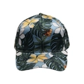 Detail of tropical Hawaiian baseball cap featuring green monstera leaves and floral patterns - Dark Green Monstera Floral Style (Style 1)