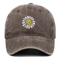 Close-up of daisy embroidery on vintage washed canvas baseball cap in dark grey - Adjustable / Coffee