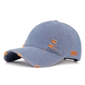 Distressed dark blue denim baseball cap with orange 1999 embroidery and ripped details - Color 7 (Dark Blue Orange 1999)