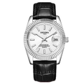 Men's quartz watch with black leather strap, silver case, white dial, and date calendar - Black Strap Silver Case White Dial Men's