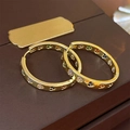 Detailed view of gold hoop earrings with heart patterns and colorful zircons on wood - Gold Heart Circle (8#)