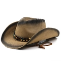 Détail d'un chapeau de paille de style western avec dégradé et ruban de perles ethniques - M (56-58cm) / Dégradé Kaki Noir