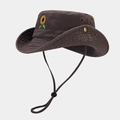 Detailed view of sunflower embroidery, metal eyelets and windproof cord on a canvas sun hat - Gray