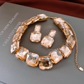 Parure de bijoux avec collier et boucles d'oreilles cristal champagne et doré - Ensemble Collier Boucles d'Oreilles Carrées Strass Doré (21#)