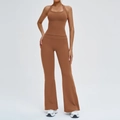 Caramel brown two-piece yoga set with halter top and high-waisted flared leggings - S / Coffee (X-Back)