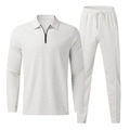 Men's white waffle knit two-piece set featuring long sleeve polo and drawstring trousers - S / White
