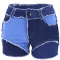 Detalle de pantalones cortos vaqueros bicolor con bordes deshilachados y paneles de contraste - XS / Azul