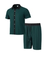 Vue détaillée de la texture gaufrée de la chemise vert foncé pour hommes avec boutons noirs - Vert Foncé