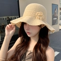 Beige crochet lace sun hat with wide wavy brim and floral decor for beach vacations - Beige Flower Crochet
