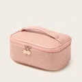Large rose pink woven textured PU makeup bag with double zippers and handle - Square Bag / Rose Pink