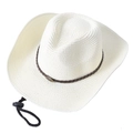 White woven straw cowboy hat with brown leather band and adjustable chin strap - 58cm One Size / Creamy White